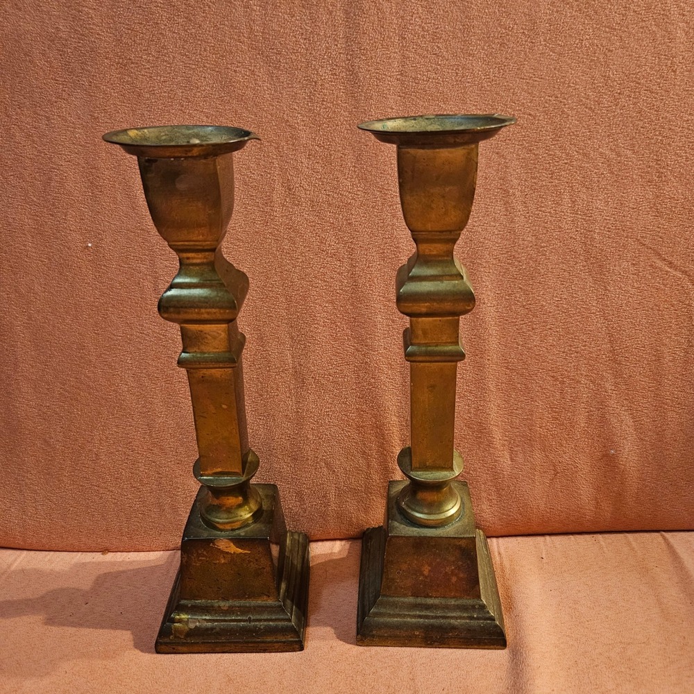 Vintage Heavy Brass Candlestick Holders Set‎ of 2 Square Base Home Decor India